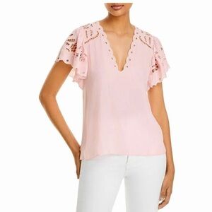 NWT RAMY BROOK Rochelle V neck Eyelet Flutter Sleeve Blouse Top Pink XS